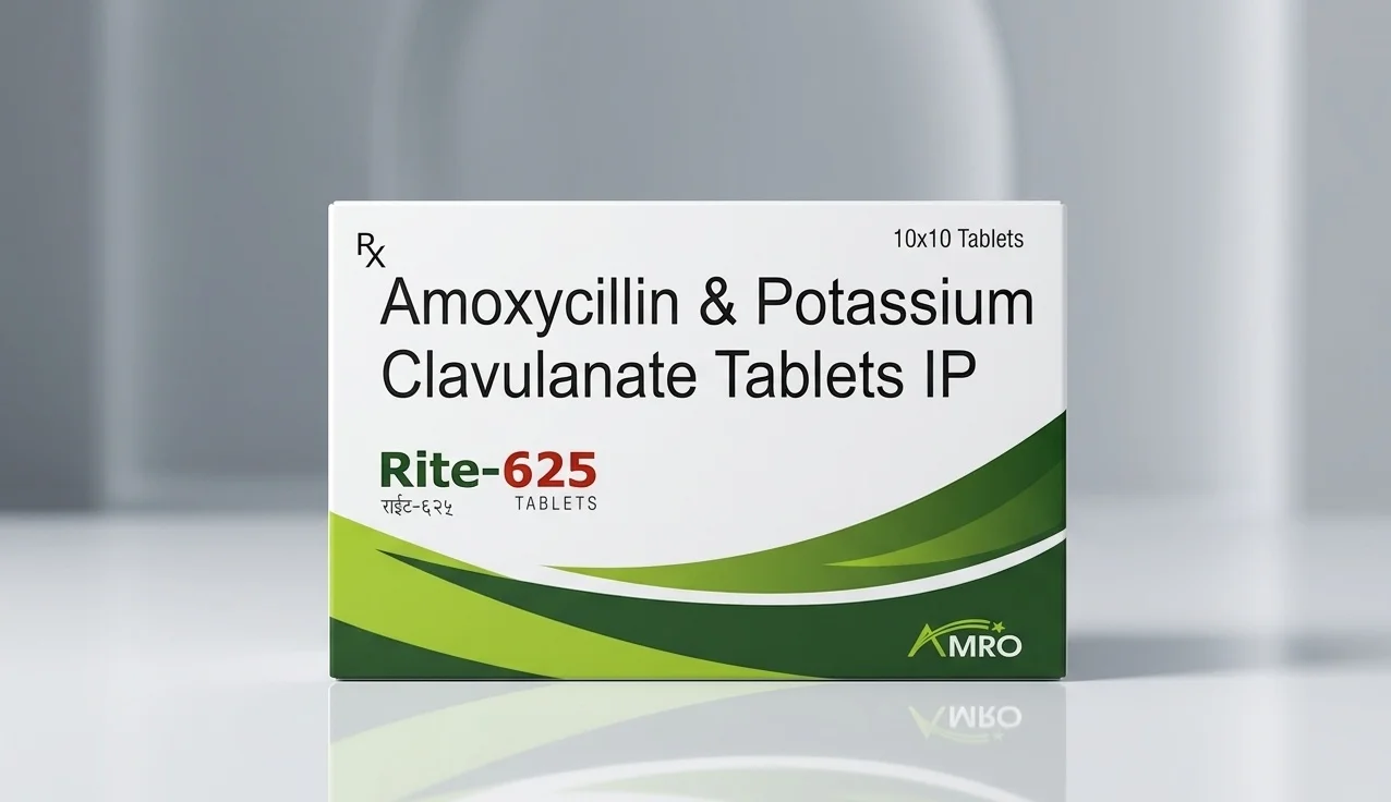 Amro Pharmaceuticals Rite-625 Tablet - Amoxycillin Trihydrate IP (equivalent to Anhydrous Amoxycillin) + Diluted Potassium Clavulanate IP (equivalent to Clavulanic Acid) - Antibiotics formulation