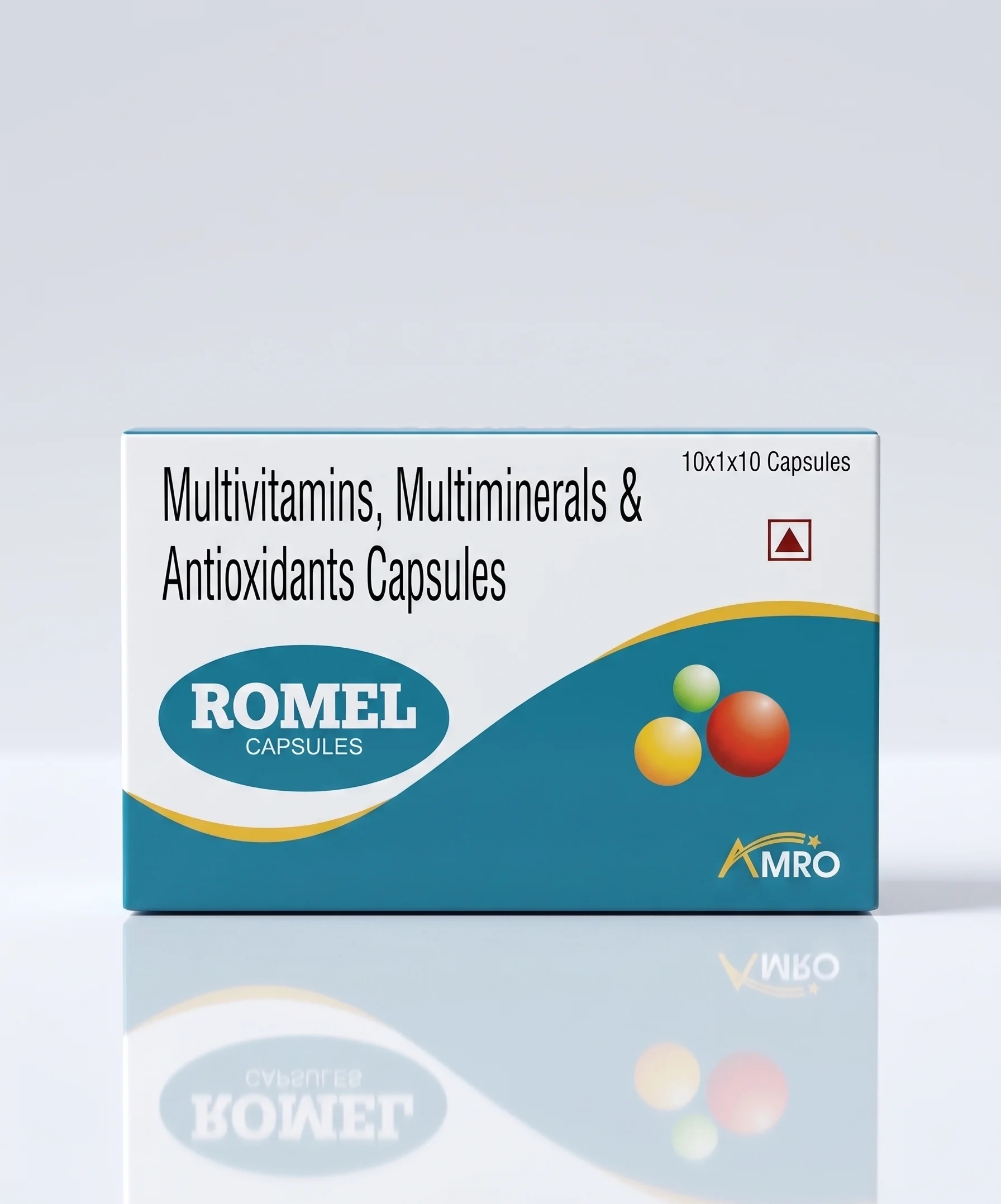 Amro Pharmaceuticals Romel Capsule - Cyanocobalamin + Thiamine Mononitrate + Riboflavin + Pyridoxine Hydrochloride + Folic Acid + D-Pantothenate Calcium + Vitamin A (as Acetate) + Vitamin E (d-alpha-tocopherol) + Manganese Sulphate + Chromium Chloride + Selenium (Sodium Selenate) + Zinc Oxide - Nutraceuticals formulation