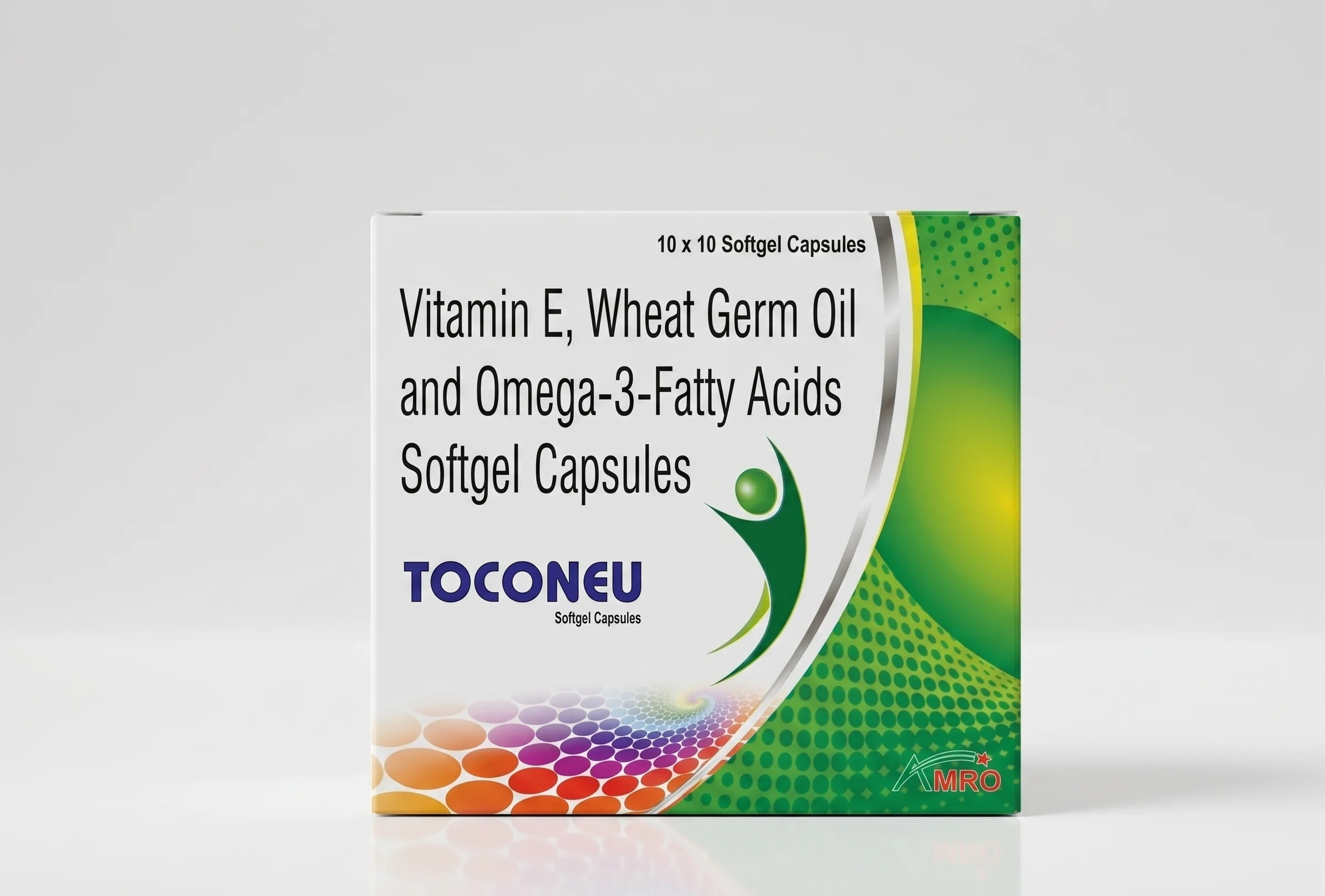 Amro Pharmaceuticals Toconeu Softgel Capsule - Vitamin E Natural IP + Wheat Germ Oil BP + Omega-3-Fatty Acids USP - Nutraceuticals formulation